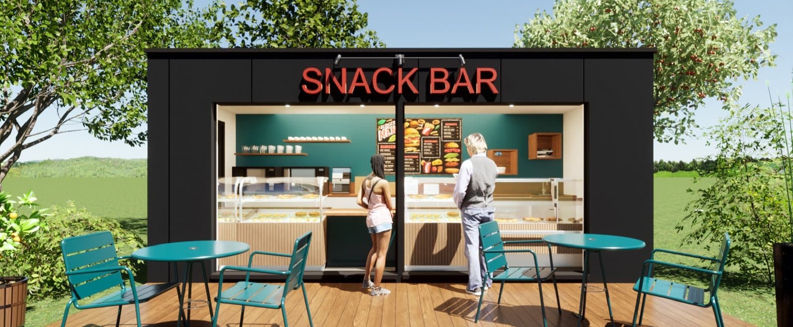 Snack bar aménagé dans un container ouvert sur une terrasse, en visuel 3D
