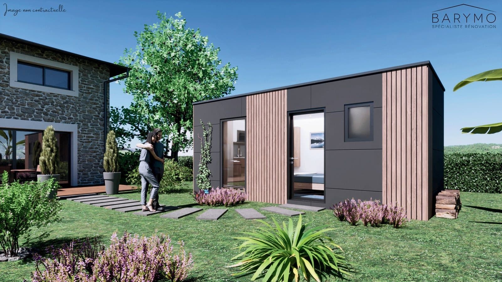 Éco-logis container au bardage bois dans un jardin, en visuel 3D