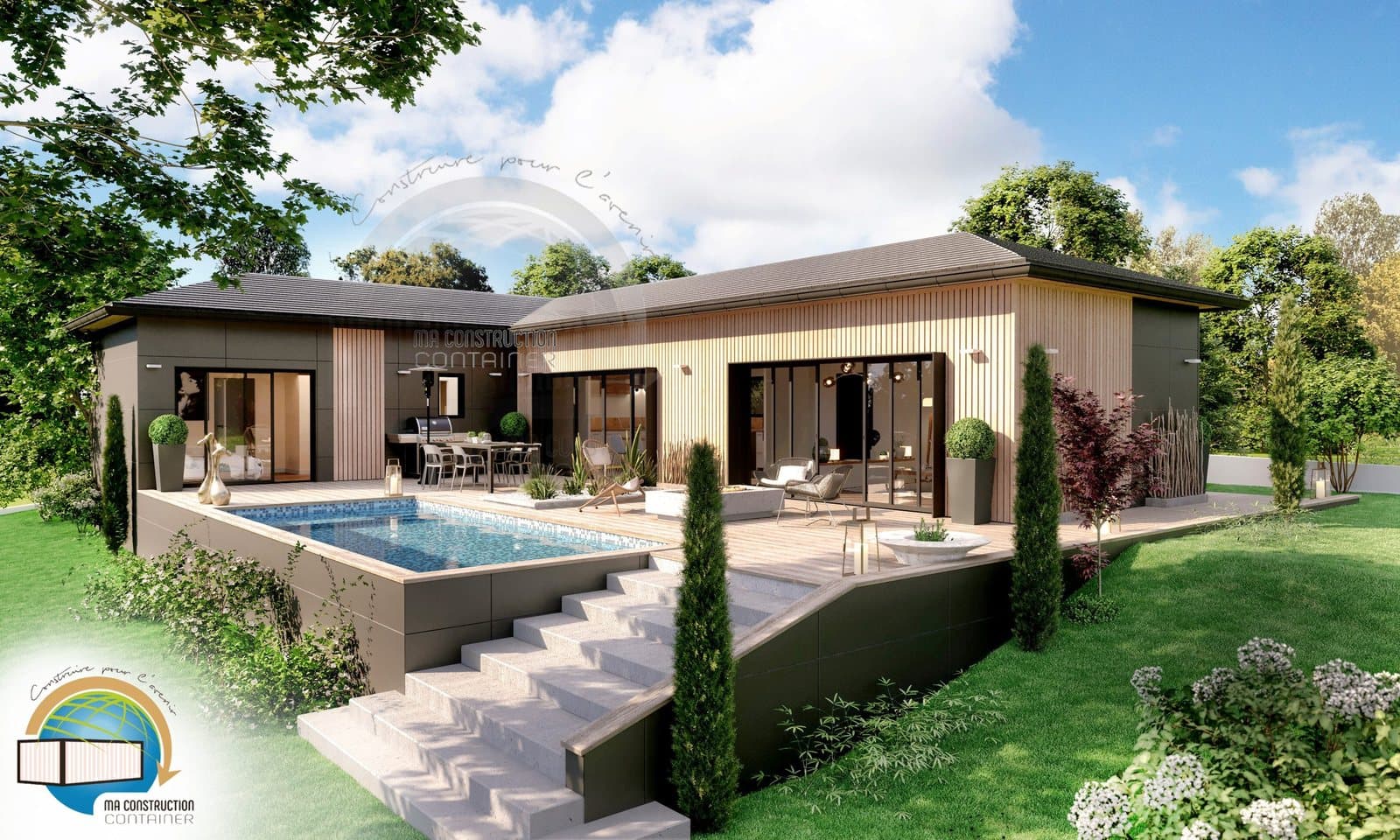 Maison container à toit plat, bardage bois et piscine, en visuel 3D