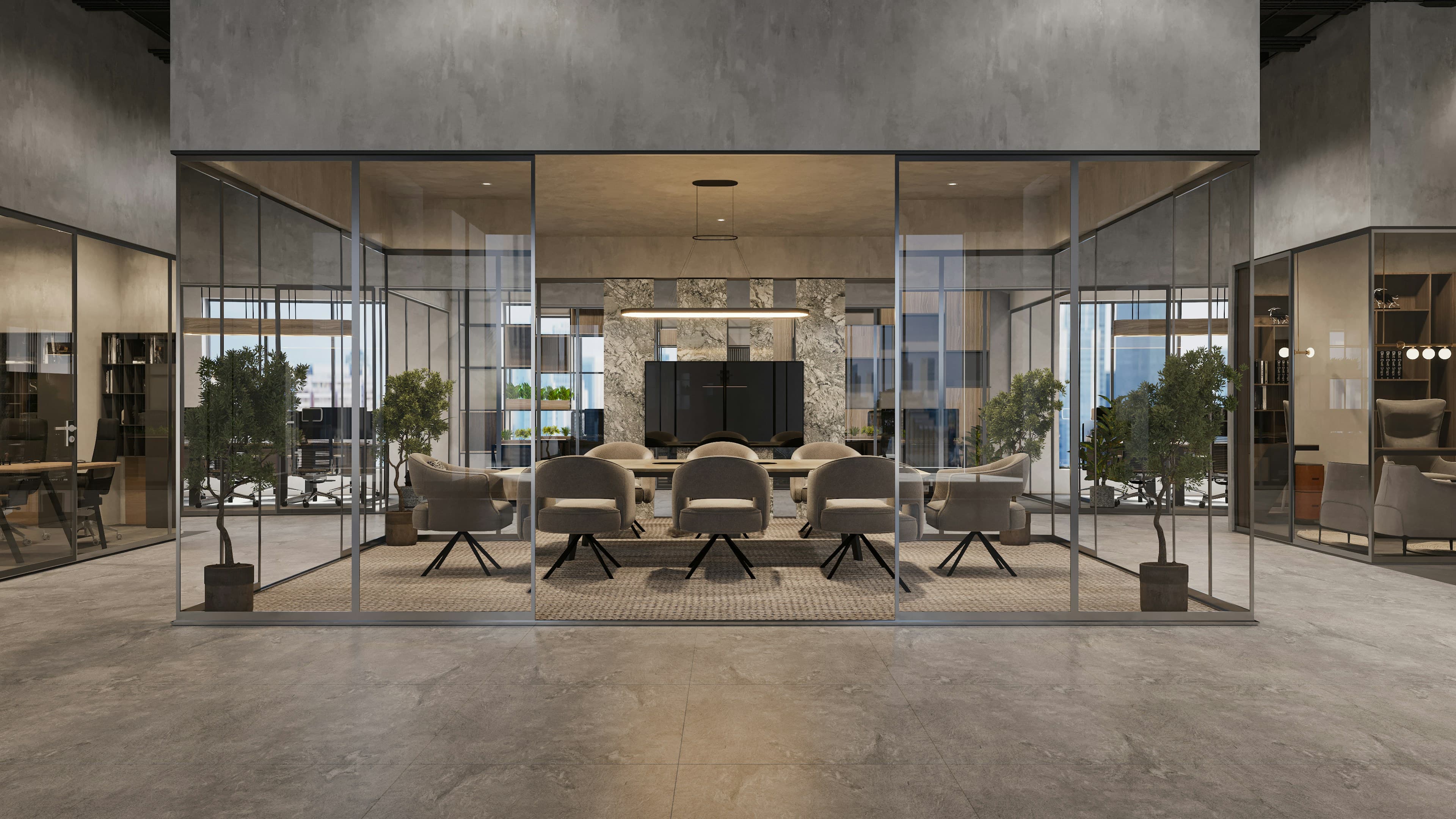Salle de réunion vitrée dans des bureaux contemporains