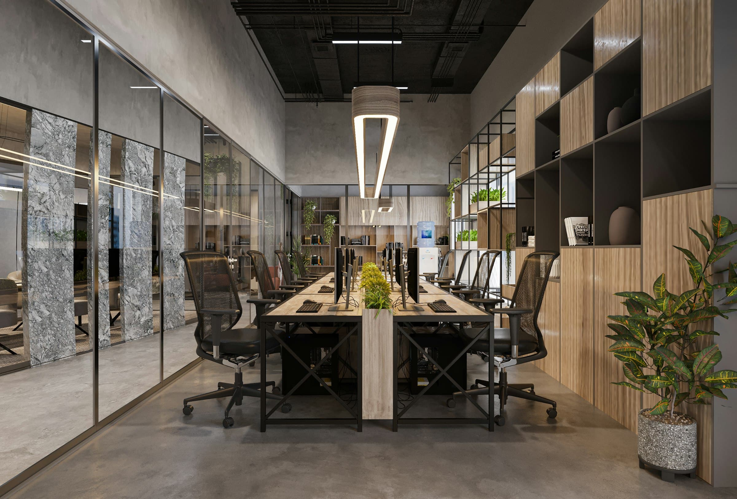 Open space aux bureaux bench face à face, cloisons vitrées et bibliothèque en bois