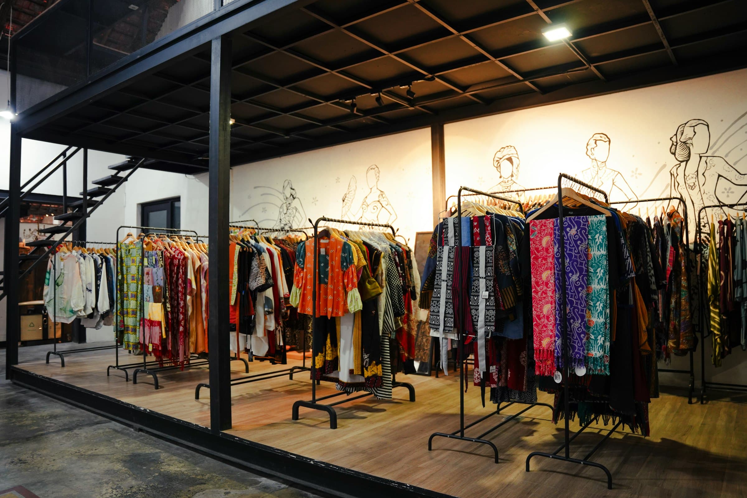 Boutique de prêt-à-porter aux portants colorés sous verrière métallique