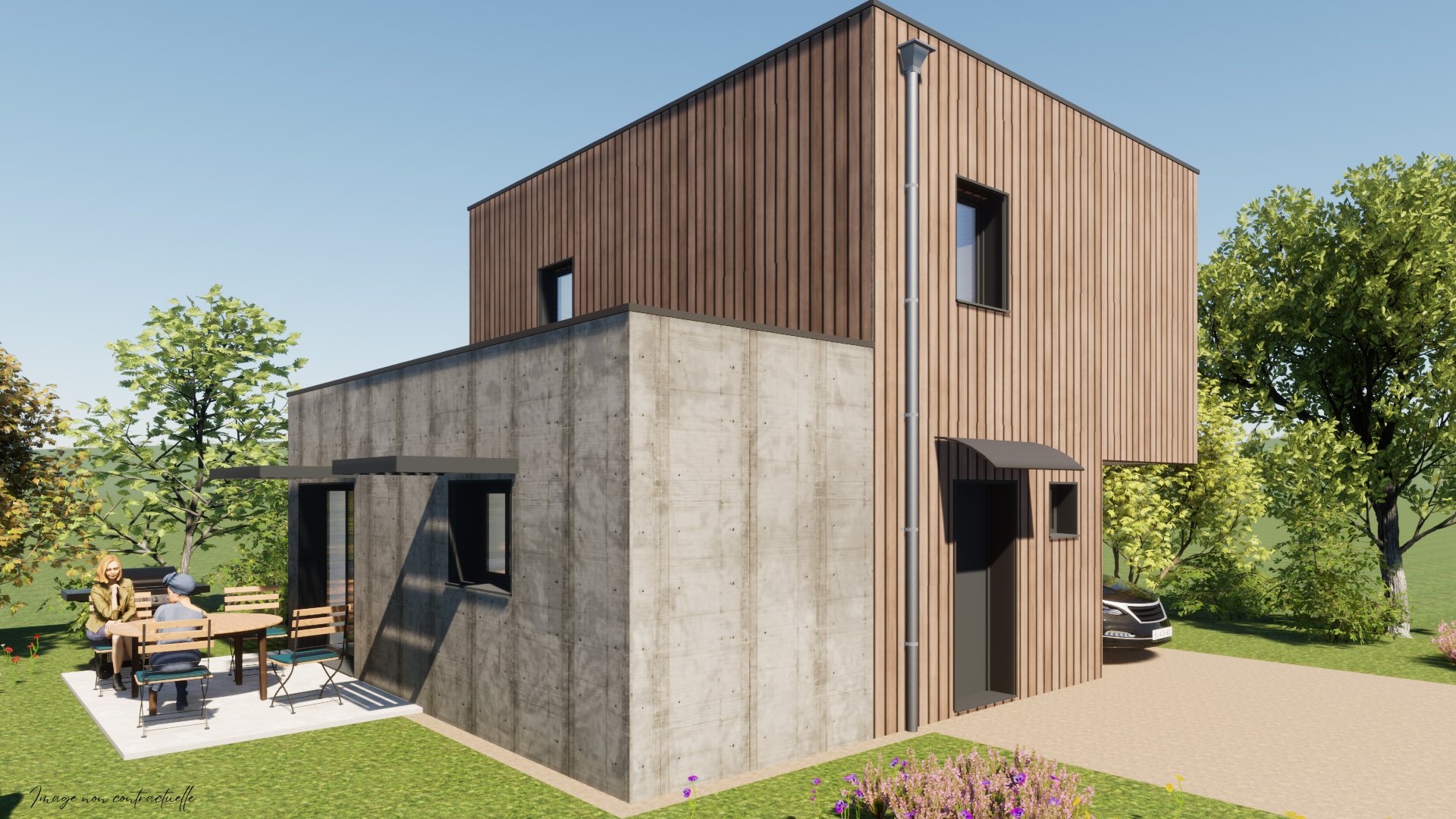 Maison container à étage, bardage bois et béton, en visuel 3D